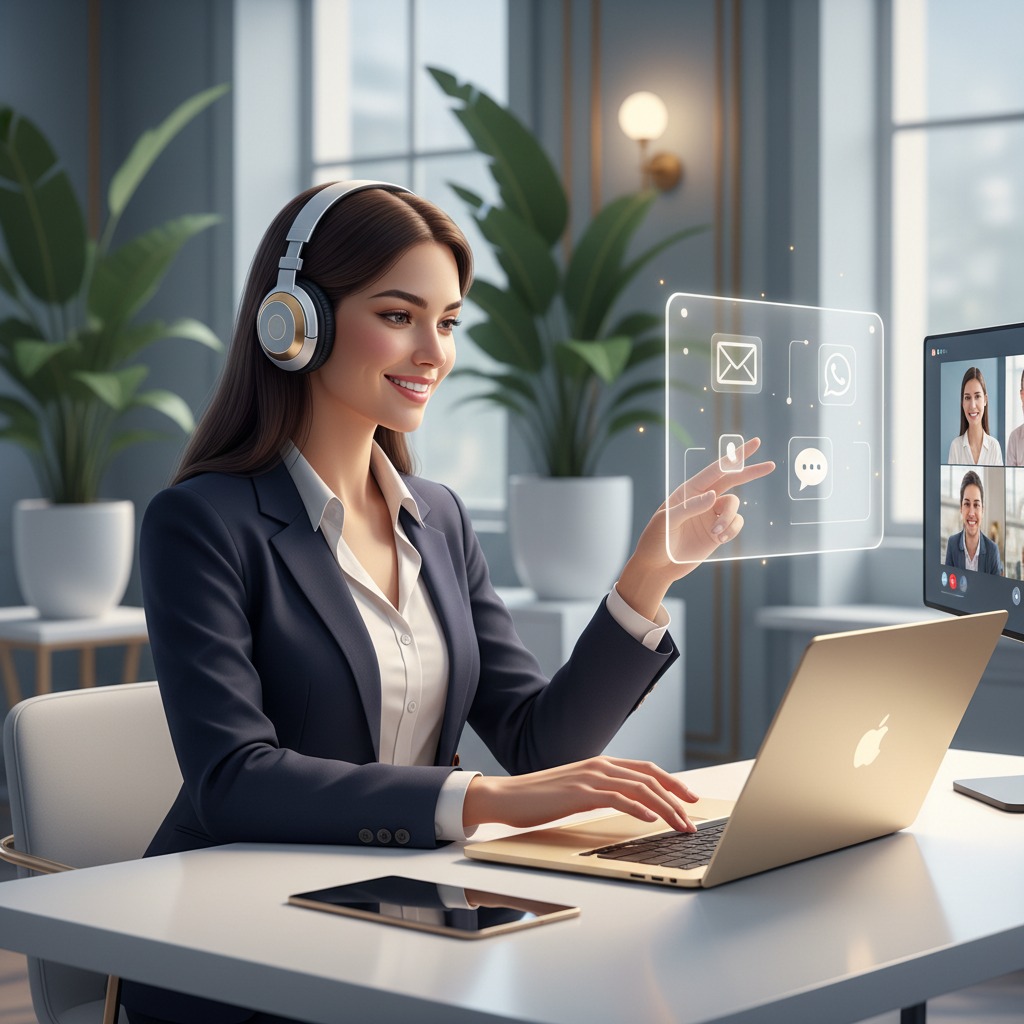 Una ilustración hiperrealista y moderna que represente el servicio de atención al cliente de una empresa digital premium. Una mujer profesional sonriendo mientras utiliza una computadora portátil con auriculares inalámbricos, atendiendo clientes mediante chat, correo electrónico y videollamada. Oficina elegante con diseño minimalista, iluminación cálida, escritorio limpio, plantas naturales y detalles tecnológicos. En una pantalla aparecen discretamente iconos de correo electrónico, WhatsApp, soporte y mensajes. Ambiente sofisticado que transmita confianza, innovación, seguridad y atención personalizada. Estilo corporativo de lujo, colores azul marino, blanco y detalles dorados, composición limpia, fondo desenfocado, iluminación cinematográfica, ultra realista, 8K, alta definición, fotografía profesional, profundidad de campo, premium business, sin texto, sin logotipos, sin marcas de agua.